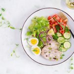 Ketogenic diet. Boiled egg, meatloaf and fresh salad.  Keto brea